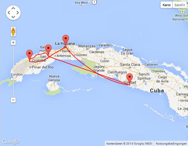 Die Route durch Kuba auf der Karte