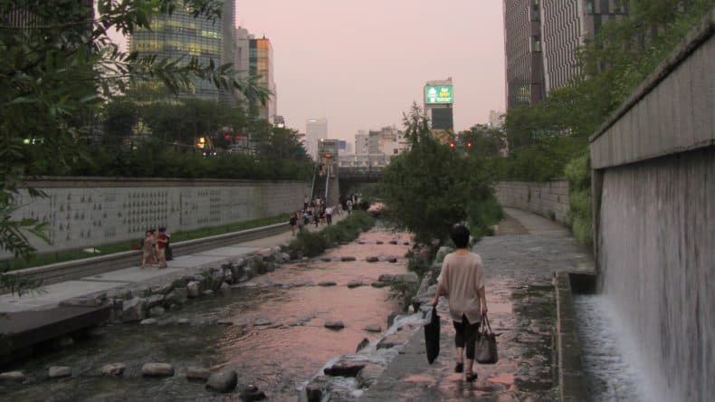 Der renaturierte Cheonggyecheon lädt zu ausgedehnten Spaziergängen ein.