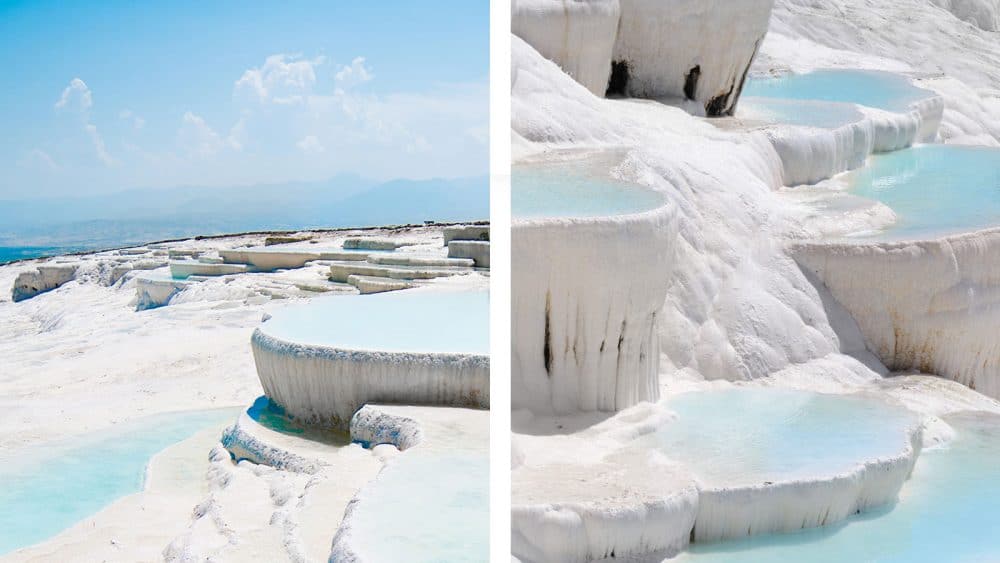 Blick auf die Kalksteinterrassen von Pamukkale, Türkei