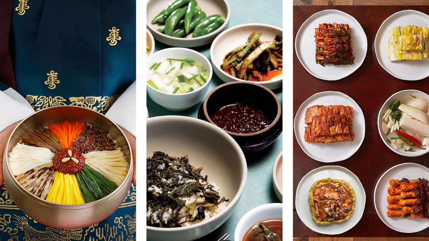Im Gegensatz zur deutschen Küche erhält der Gast im koreanischen Restaurant häufig alles frisch an den Tisch und kocht, brät oder grillt dann selbst. Beliebte Gerichte in Südkorea sind Bibimbap (links), Gondeure Namulbap (Mitte) und Kimchi (rechts). // Copyright © Korea Tourism Organization