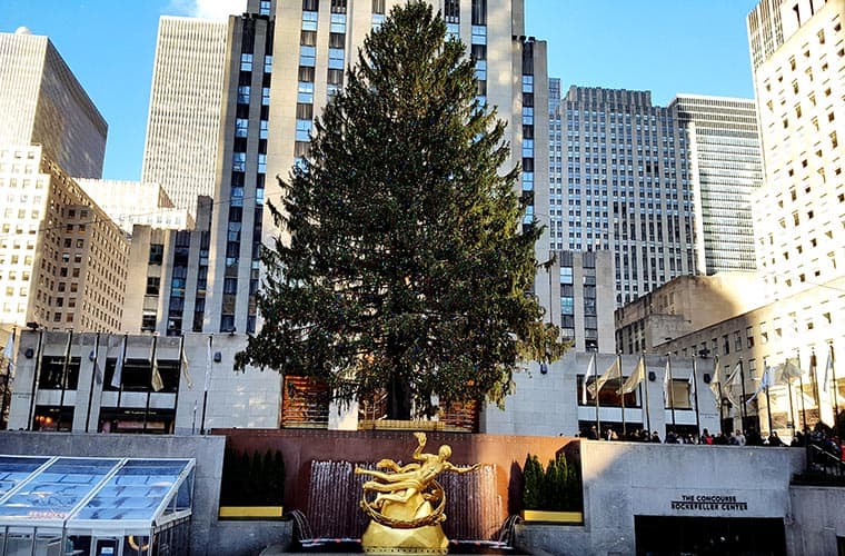 Blick auf den berühmten Weihnachtsbaum am Rockefeller Center, New York, USA