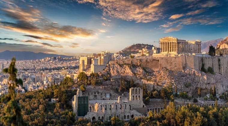 Panorama der Akropolis von Athen, Griechenland, bei Sonnenunterg