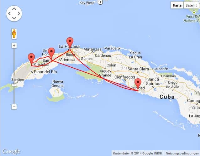 Die Route durch Kuba auf der Karte