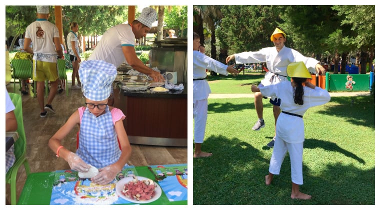 Kind knetet in einer Kochschürze einen Pizzateig und Kind macht Karate.
