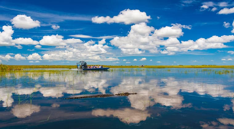 Ausflug mit dem Luftkissenboot durch das Naturschutzgebiet Everglades, außerhalb von Miami.