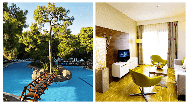 Poolansicht und Blick in ein Zimmer des Blue Waters Club