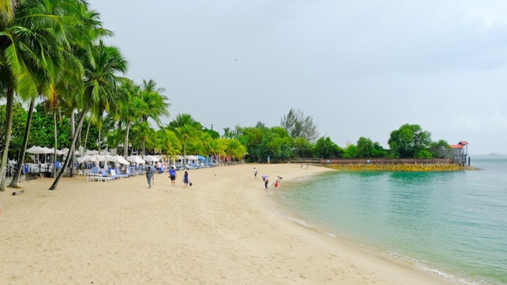 Blick auf einen Strand mit Palmen auf der Insel Sentosa, Singapur, Südostasien