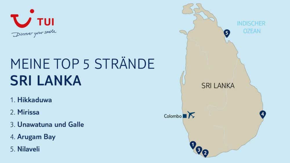 Blick auf eine Karte von Sri Lanka, auf der die 5 schönsten Strände eingezeichnet sind. Meine TOP 5 Sri Lanka Strände für euch im Überblick