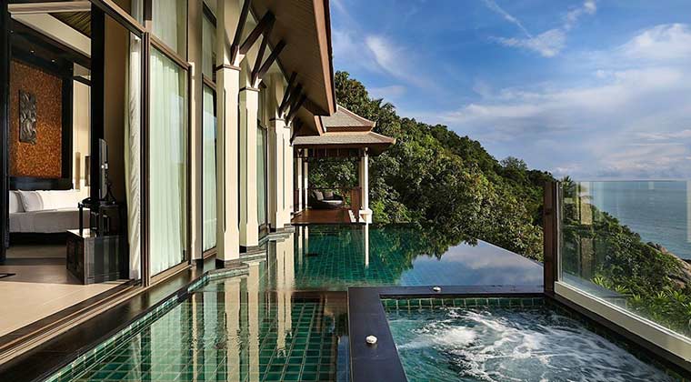 Der Ausblick vom Pool der Royal Banyan Ocean Pool Villa im Luxusresort Banyan Tree Samui in Lamai auf der Insel Koh Samui in Thailand