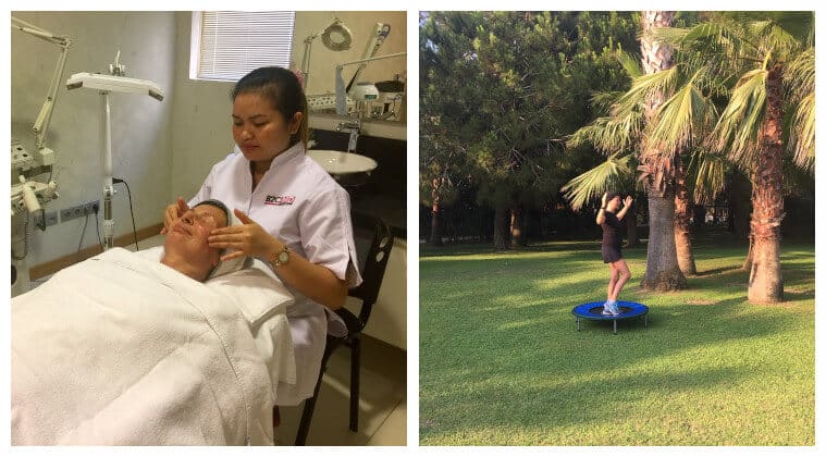 Frau liegt auf einer Liege und bekommt eine Gesichtsmassage und Frau springt auf einem Trampolin.