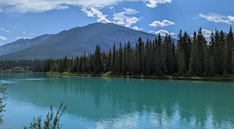 Am Ufer des Flusses im Banff Nationalpark, blaues Wasser, grüne Wälder, Berge, Alberta, Kanada