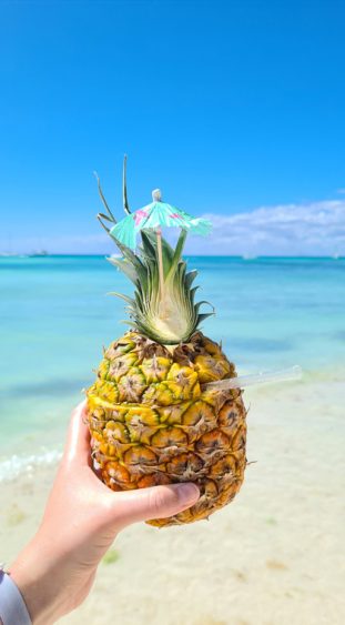 Genieße eine erfrischende Pina Colada aus einer Ananas in der Karibik am Strand!