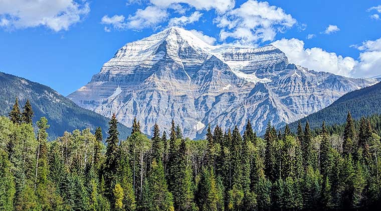 Blick auf den Berg Mount Robson mit schneebedecktem Gipfel und auf grüne Wälder, Kanada
