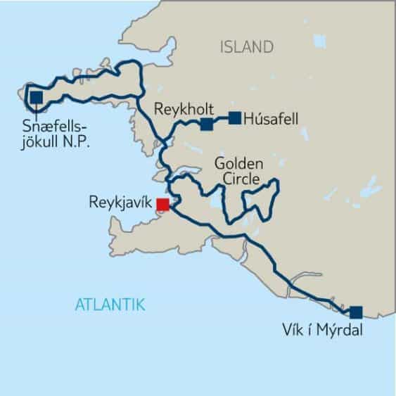 Landkarte Islands mit der Golden Circle Island Tour