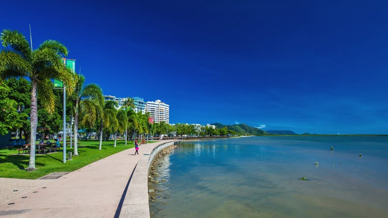 Blick auf die Esplanade in Cairns mit Palmen und dem Meer, Cairns, Australien