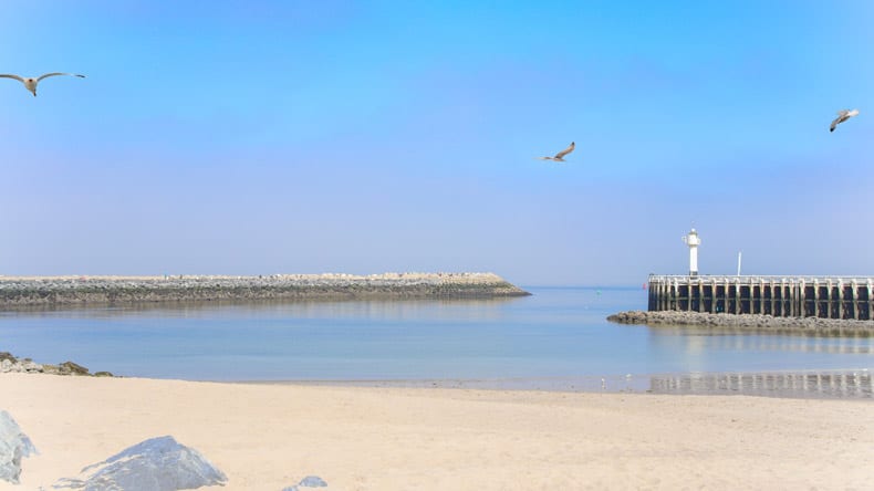 Die Hafenstadt Ostende mit Blick auf den schönen Strand, das ruhige Meer und kreisende Möwen, Belgien.
