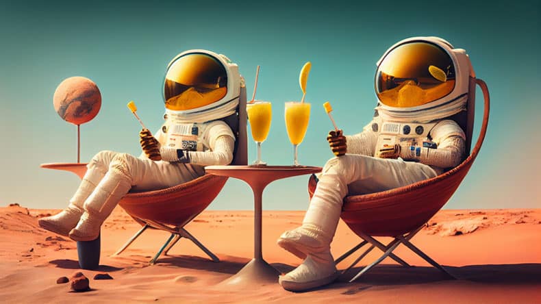 Zwei Astronauten entspannen in Liegestühlen mit Drinks auf dem Planeten Mars.