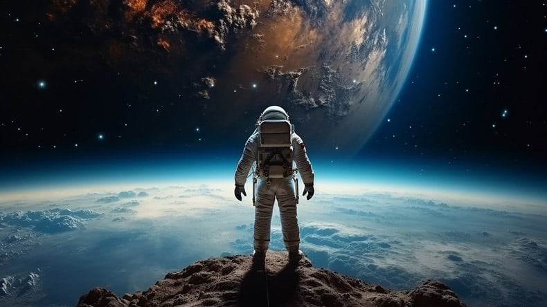 Astronaut steht auf der Oberfläche des Mondes und blickt hinab auf die Erde.