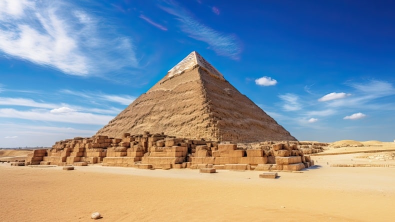 Blick auf die altägyptische Chephren-Pyramide, Kairo, Ägypten.