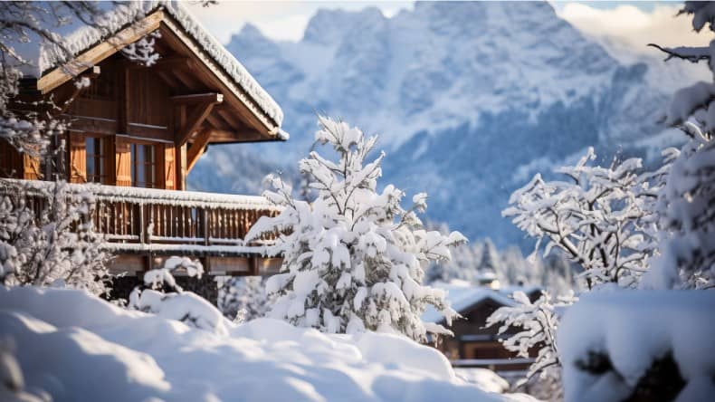 Blick auf eine Berghütte in Schneelandschaft.