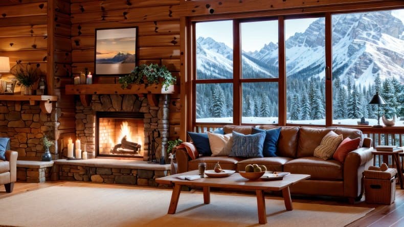 Wohnzimmer mit Kamin eines Chalets in den Bergen. Herrlicher Blick auf die verschneite Winterlandschaft.