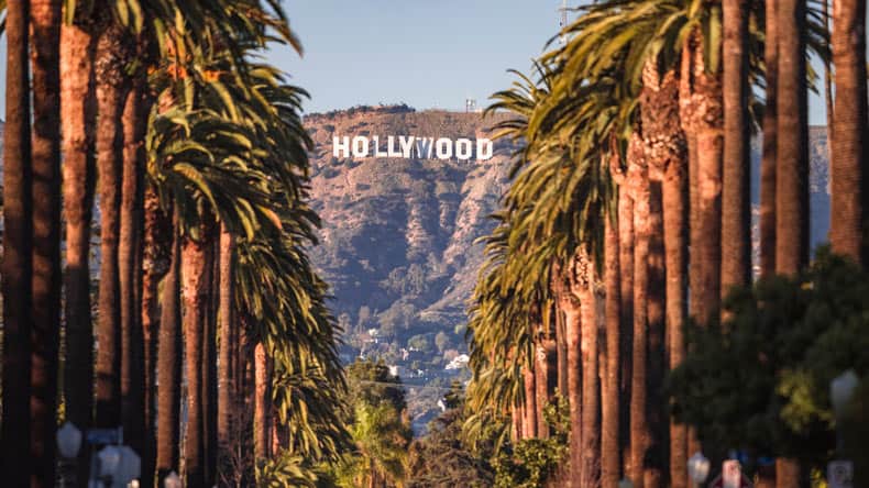 Blick auf den Hollywood Schriftzug zwischen einer palmengesäumten Allee, Kalifornien.
