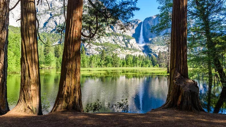 Blick auf den Yosemite Nationalpark mit Wasserfall im Hintergrund, Kalifornien