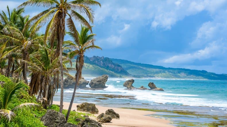 Blick auf den Strand von Bathsheba auf der karibischen Insel Barbados. Der Strand ist ein wahres Surferparadies.