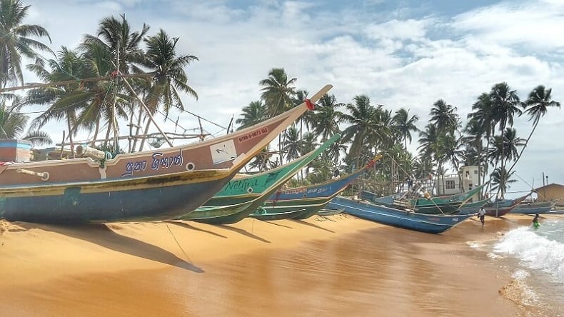 Blick auf bunte Fischerboote am goldenen Sandstrand von Mirissa auf Sri Lanka