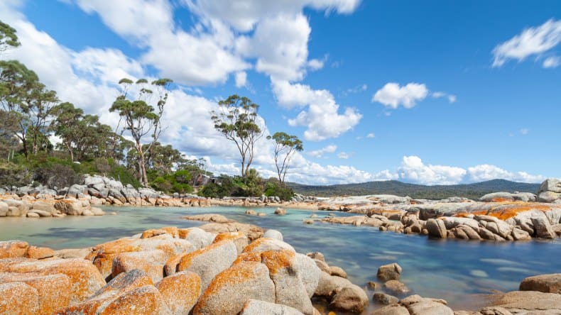 Blick auf die Bay of Fires in Tasmanien mit orangefarbigen Granitblöcke im blauen Meer und im Hintergrund weiße Strände.