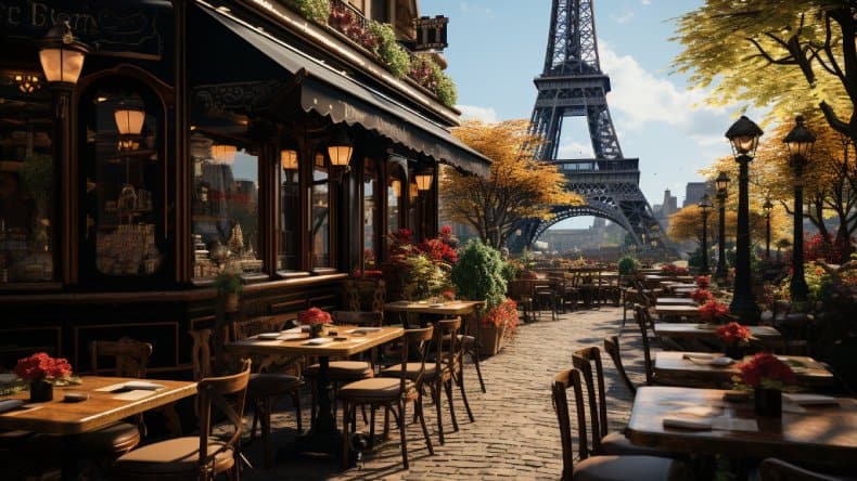 Schönes Restaurant in Paris, mit Tischen im Freien und Blick auf den Eifelturm.