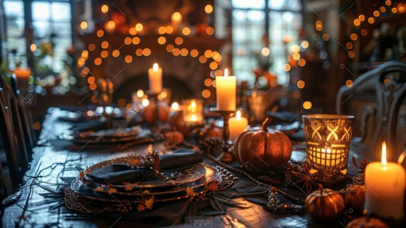 Herbstlich gedeckter Tisch mit Kerzen.