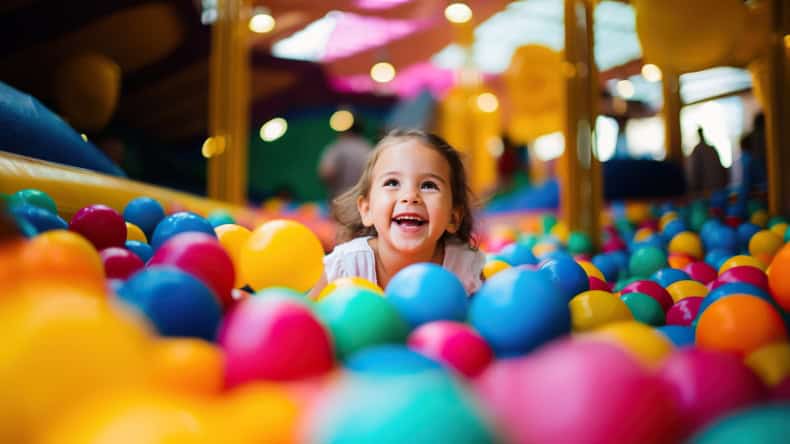 Kleines, lachendes Mädchen im Bällebad, bunte Bälle, Kinder Club