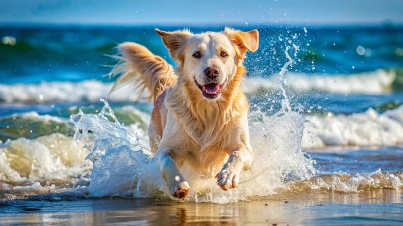 Golden Retriever Hund rennt durch das Meer am Strand, Urlaub mit Hund