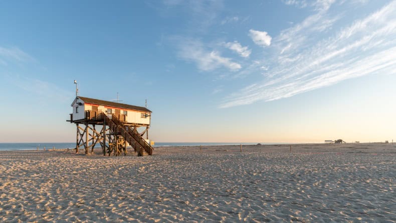 Strand in Sankt Peter Ording mit Pfahlbauten, Nordsee, Deutschland, Urlaub mit Hund
