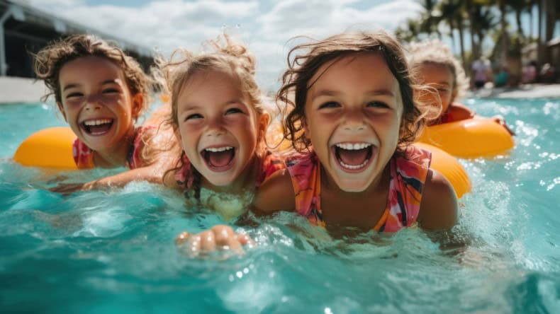 Kinder spielen und plantschen im Wasser.