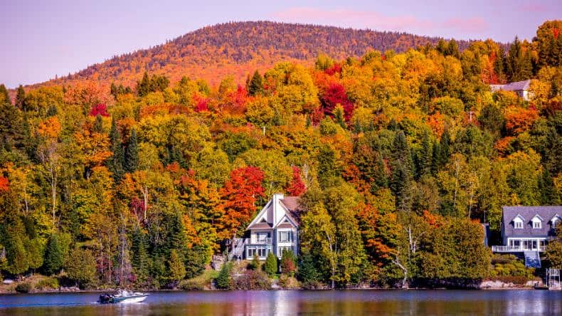 Indian Summer, bunter Herbstwald am See in Lac-Superieur, Mont-Tremblant, Quebec, Kanada