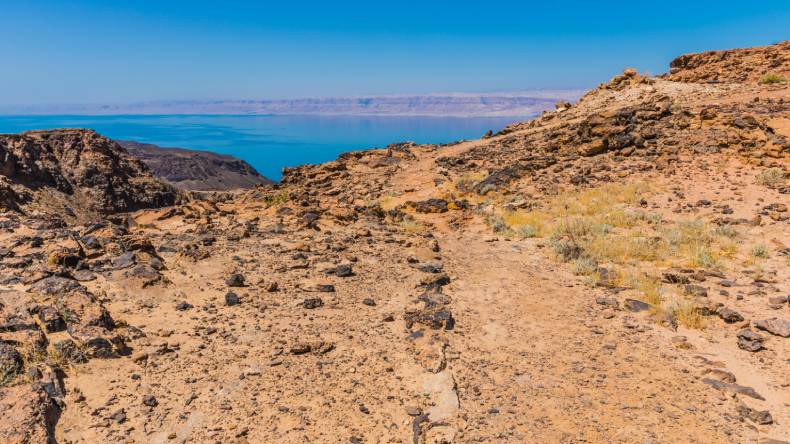 Steine, Wüste, Blick auf das Tote Meer