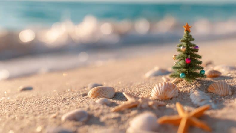 Kleiner Tannenbaum am Strand mit Muscheln