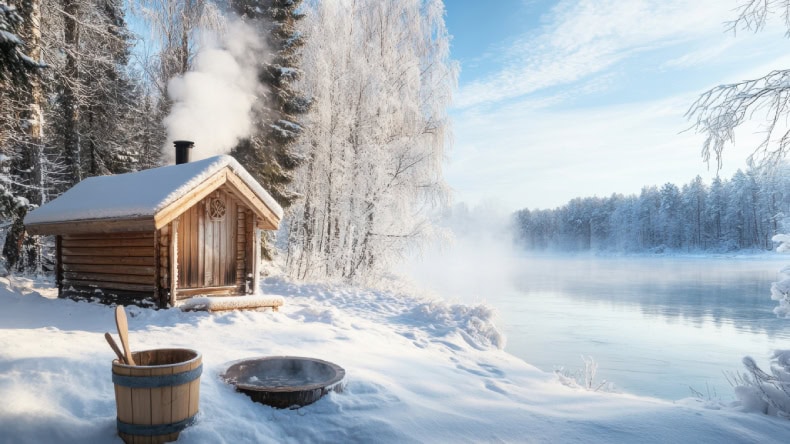 Saunahütte im Schnee, See, Bäume