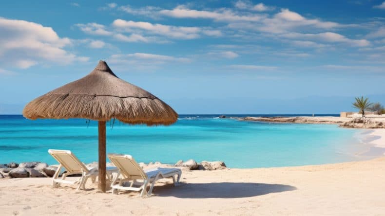 Blick auf einen hellen Sandstrand mit Strohsonnenschirm und zwei Sonnenliegen, türkisfarbenes Meer, Ägypten