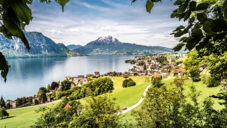 Blick auf den Vierwaldstättersee, Grün, Bäume, Berge und Häuser