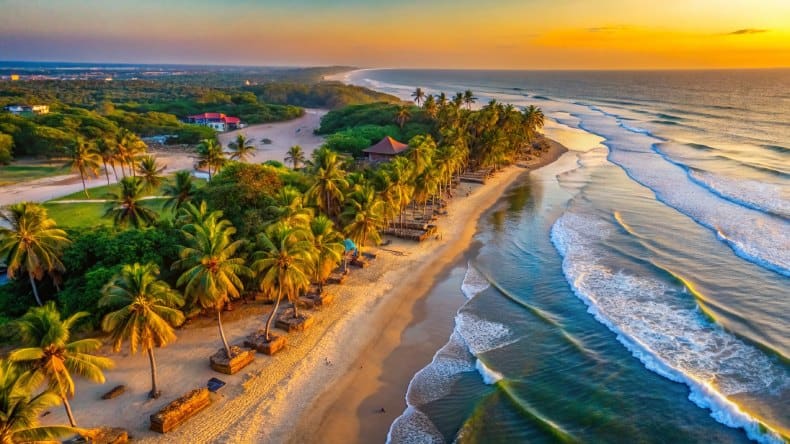 Blick auf den Sonnenuntergang am Kotu Beach mit Palmen, Meer, Strand und Wellen