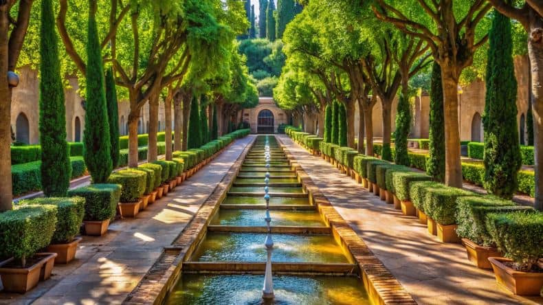 Blick auf einen langen begrünten Weg mit Wasserbecken inmitten der Gärten Jardines de S`Hort del Rei, Mallorca