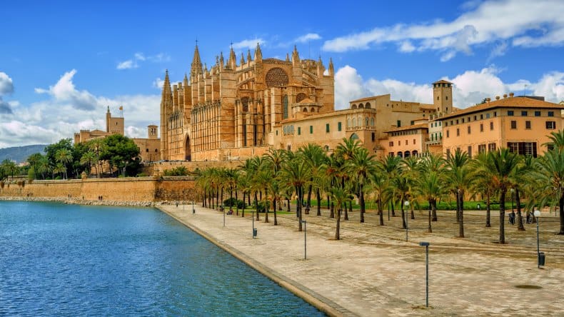 Blick auf die Kathedrale la Seu mit Palmen und kleiner Promenade