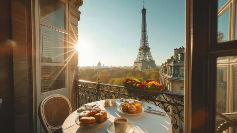 Gedeckter Tisch auf französischem Balkon mit Blick auf den Eiffelturm