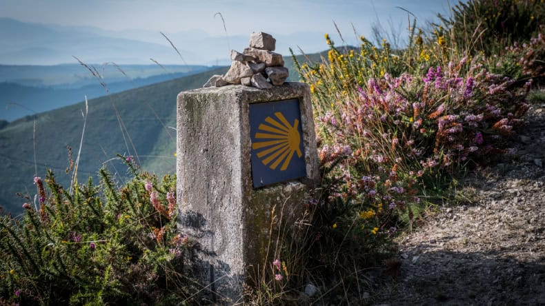Wanderweg, Stein am Wegesrand mit der gelben Muschel auf blauem Untergrund
