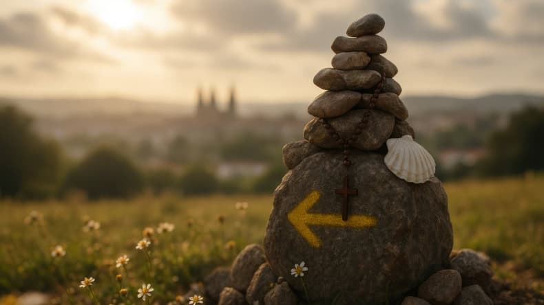 Wegweiser am Rande des Jakobsweges, Stein, gelber Pfeil, Muschel, Kreuz Kette