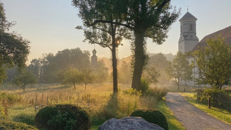 Kloster, Grün, Bäume, Morgentau