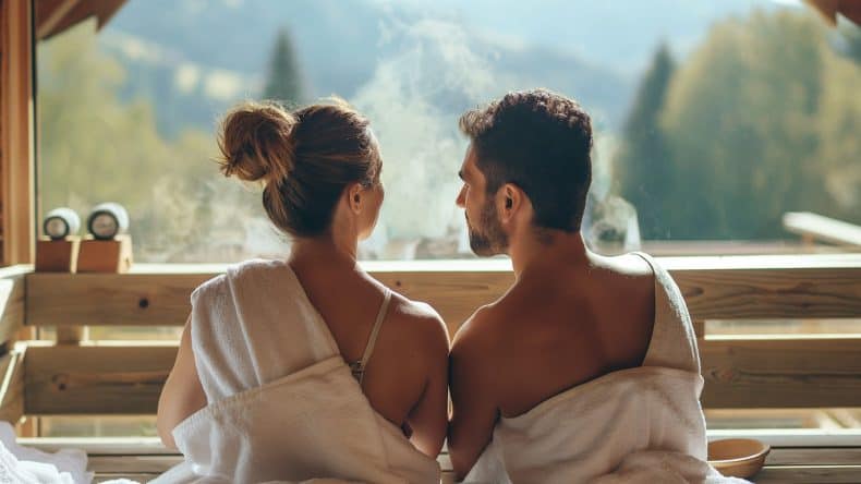 Mann und Frau in der Sauna, die durch ein großes Panoramafensternach draußen ins Grüne schauen